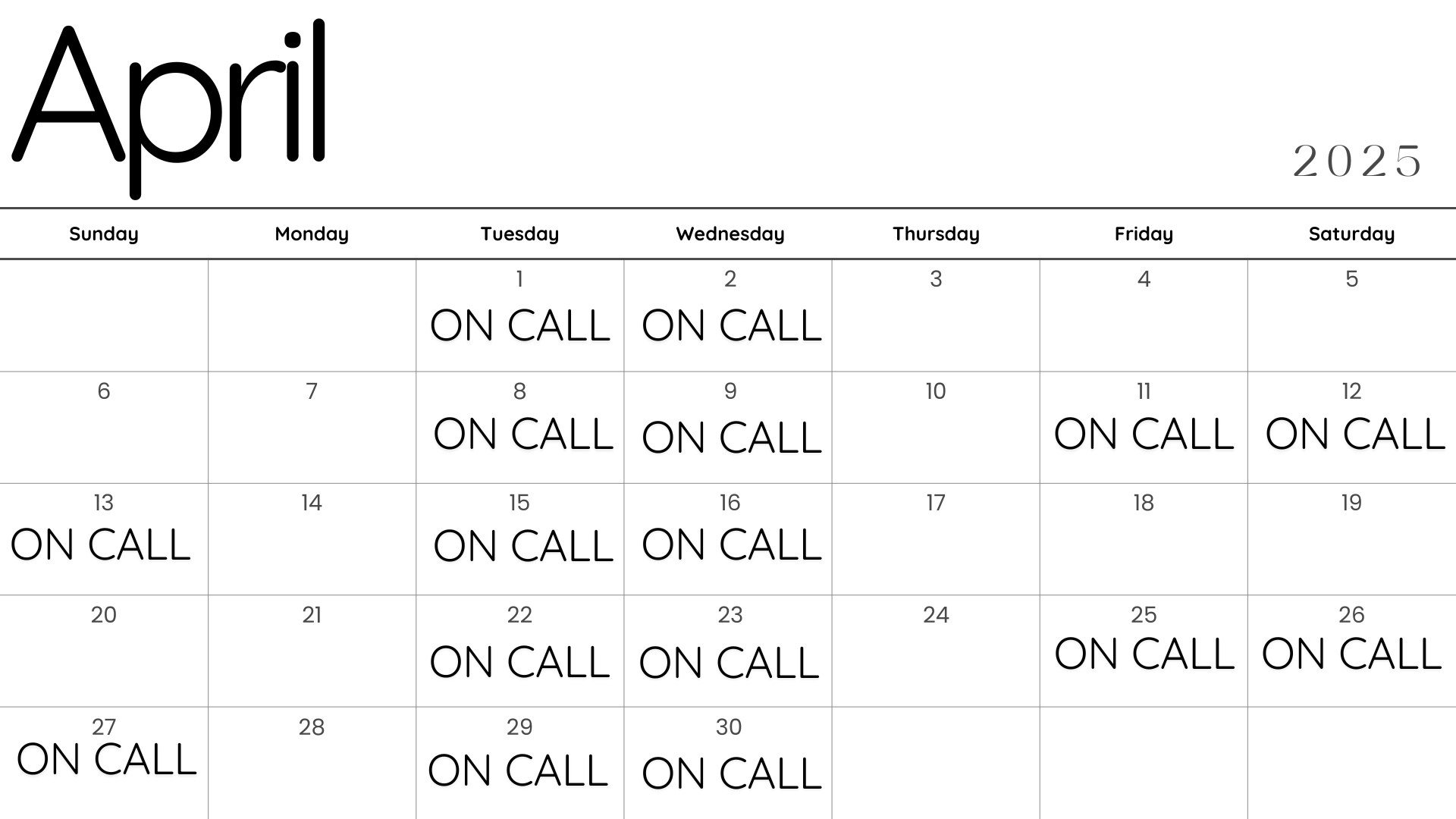 April Calendar Schedule