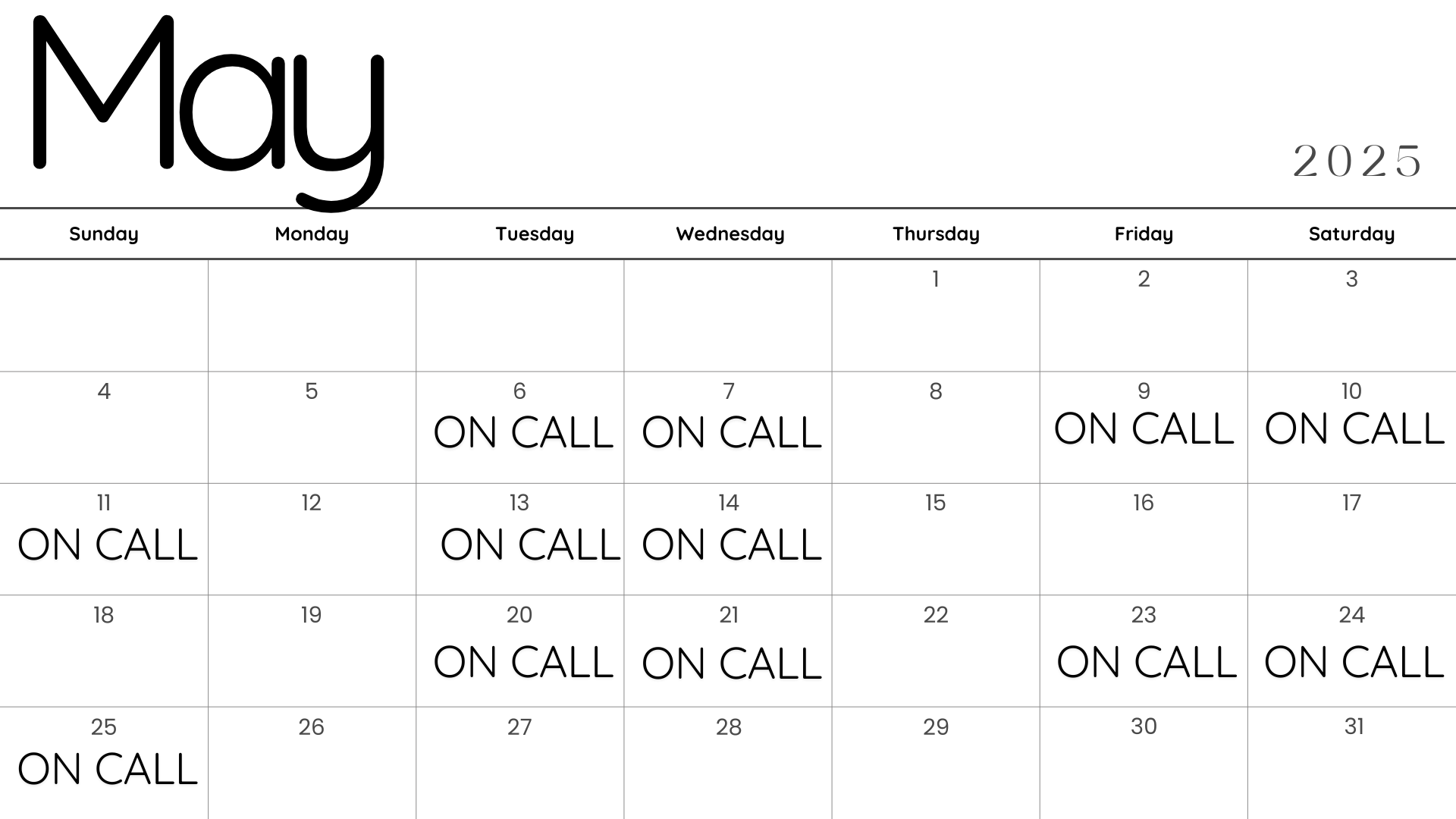 May Calendar Schedule